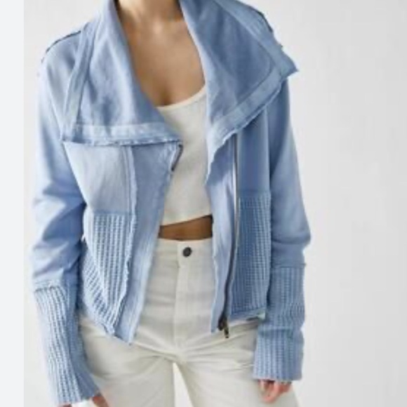 We The Free People Hazel Cardi Jacket Womens Large Sea Blue Waffle Knit Zip Up - Picture 9 of 9